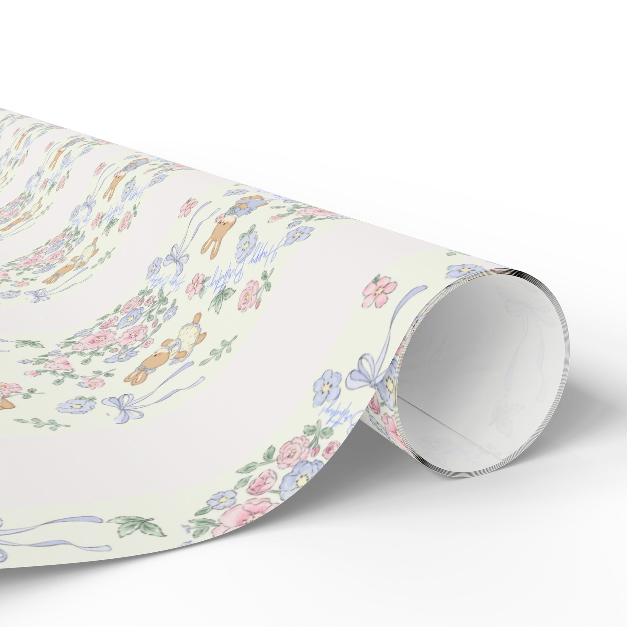 🎀 Cute Birthday Wrapping Paper Soft floral + bunny design with “Happy Birthday” detail
