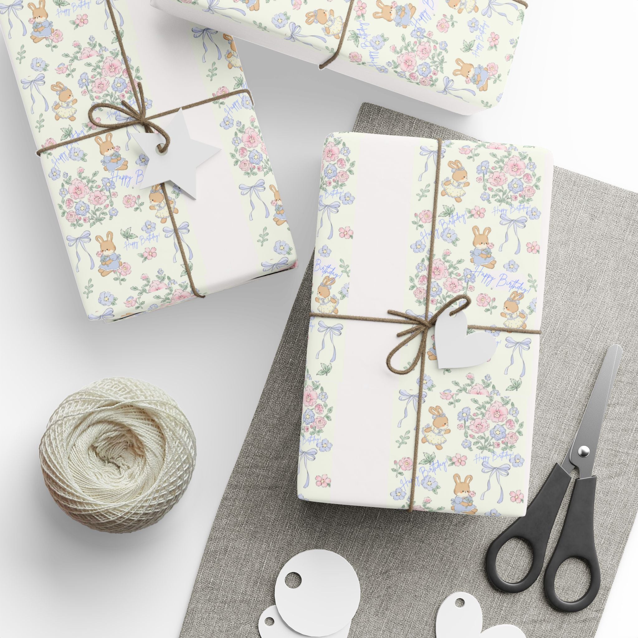 🎀 Cute Birthday Wrapping Paper Soft floral + bunny design with “Happy Birthday” detail
