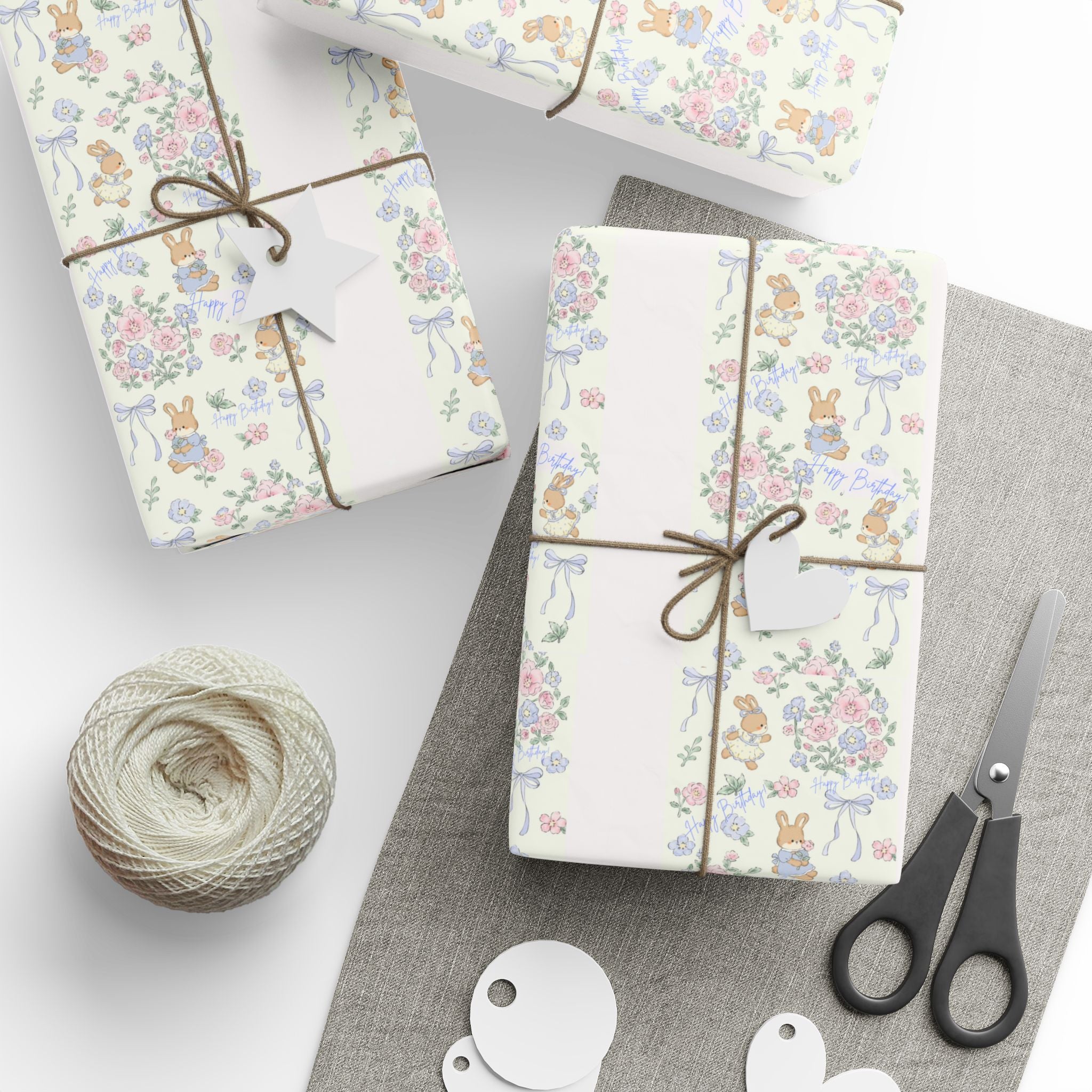 🎀 Cute Birthday Wrapping Paper Soft floral + bunny design with “Happy Birthday” detail