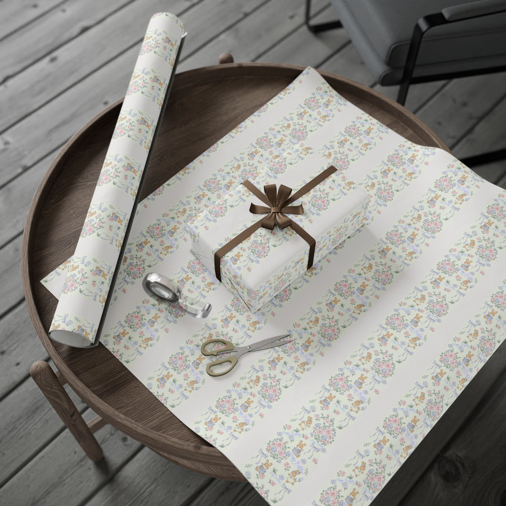 🎀 Cute Birthday Wrapping Paper Soft floral + bunny design with “Happy Birthday” detail