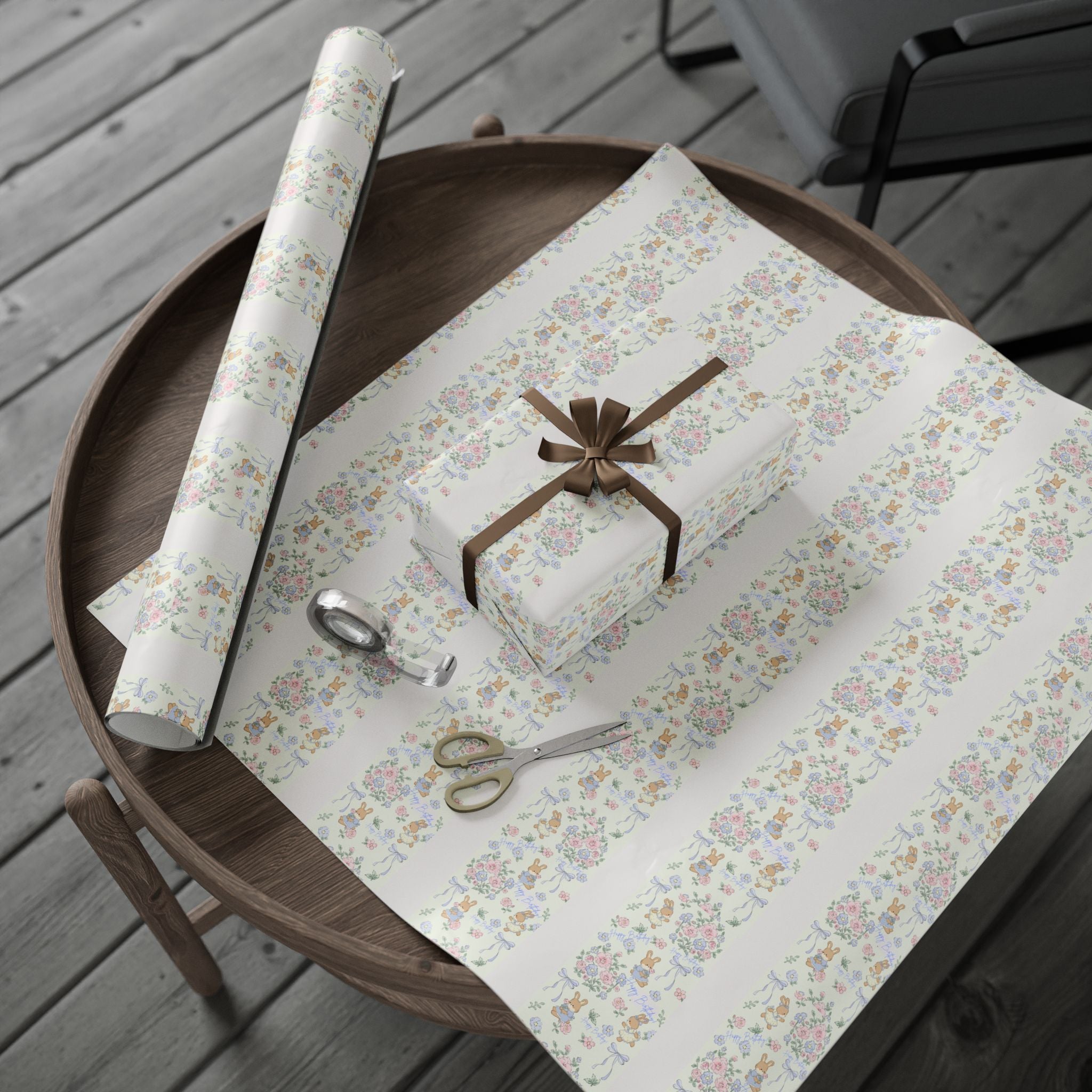 🎀 Cute Birthday Wrapping Paper Soft floral + bunny design with “Happy Birthday” detail
