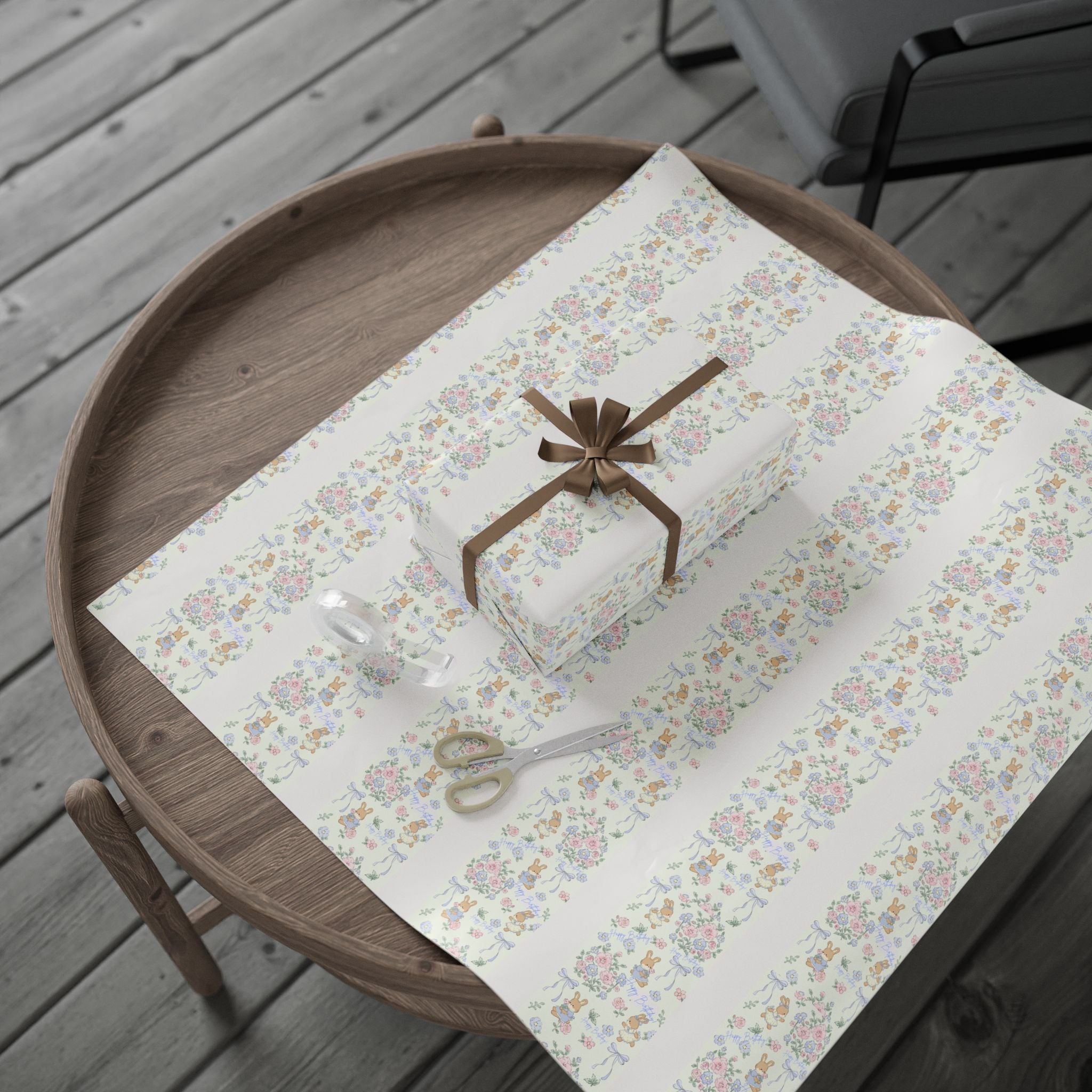 🎀 Cute Birthday Wrapping Paper Soft floral + bunny design with “Happy Birthday” detail